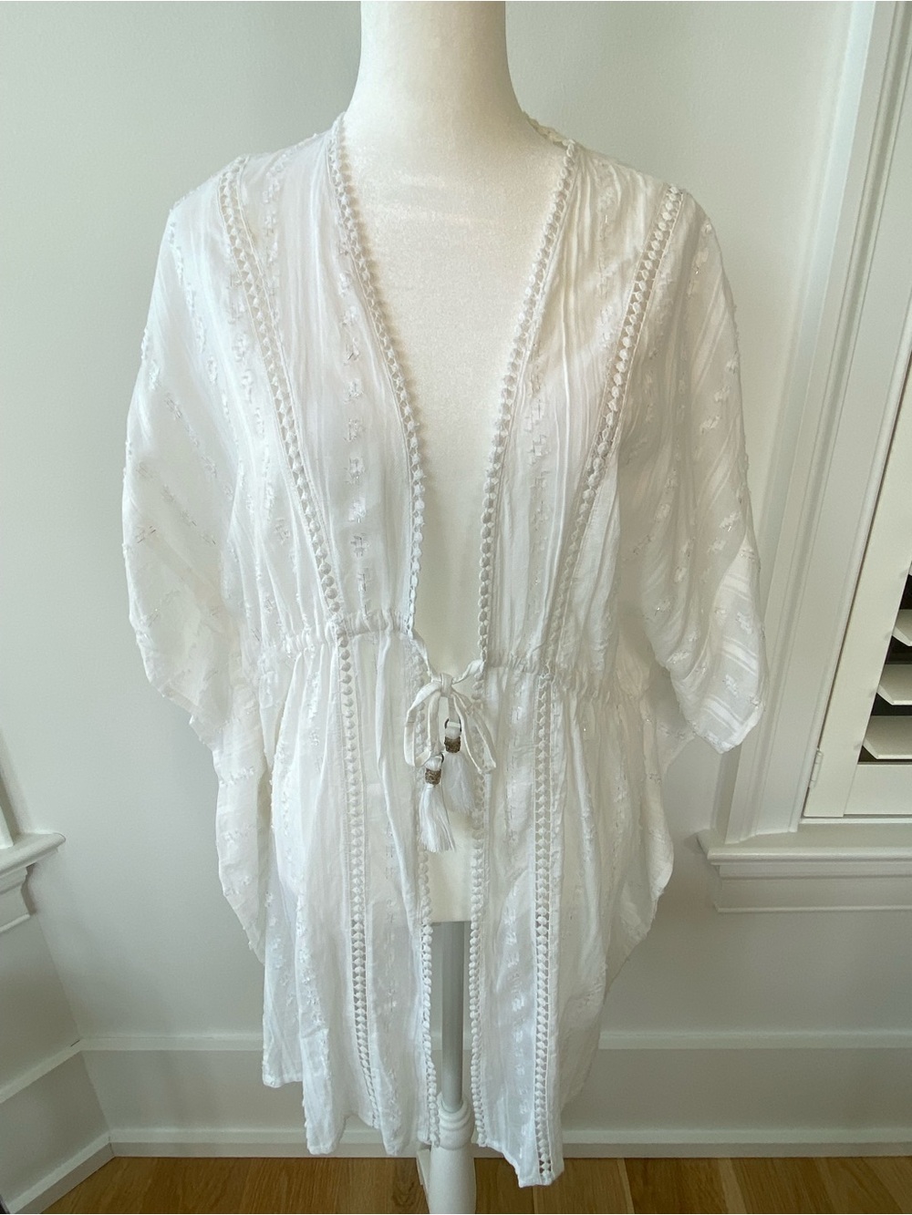 blue island White Embroidered Tie-Front Swimsiut CoverUp